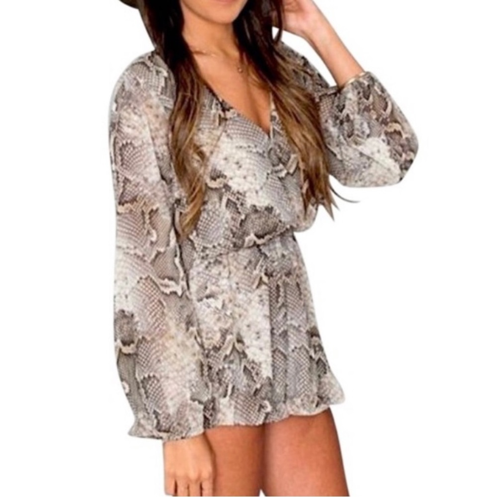 Show Me Your Mumu Snake Print Safari Boho Surplice Keyhole Ruffled Shorts Romper